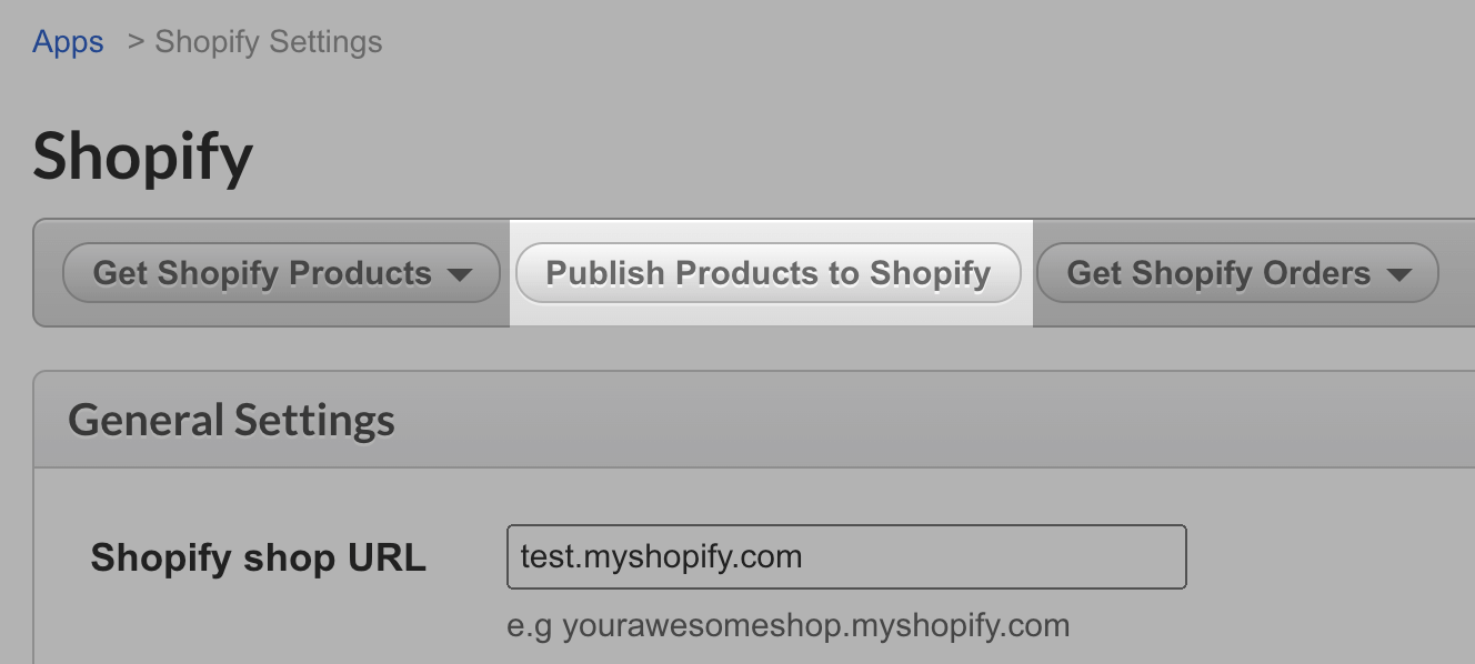 Pagina met Shopify-instellingen waarop de knop Producten in Shopify publiceren is uitgelicht.