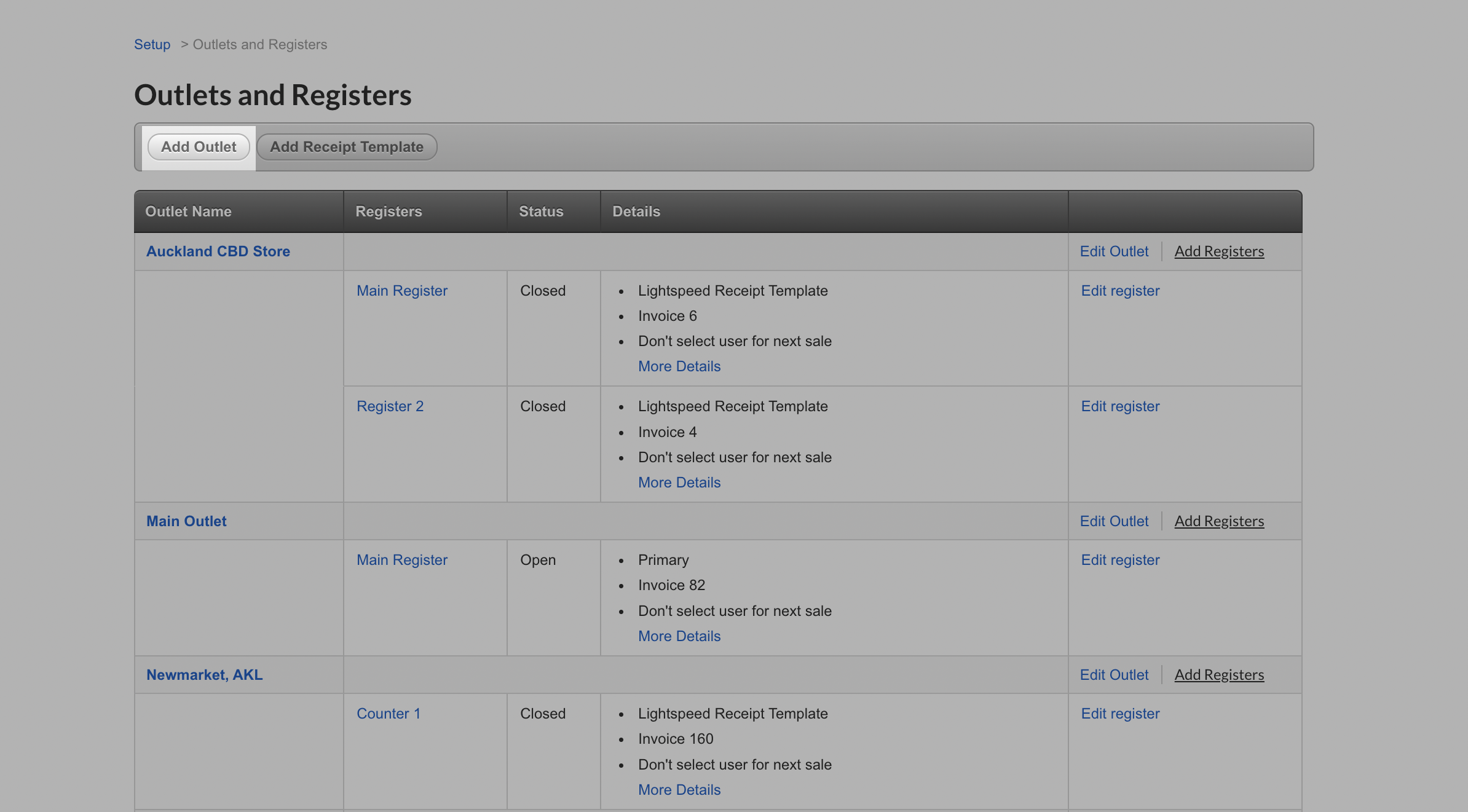 Outlets and Registers page with the Add Outlet button highlighted.