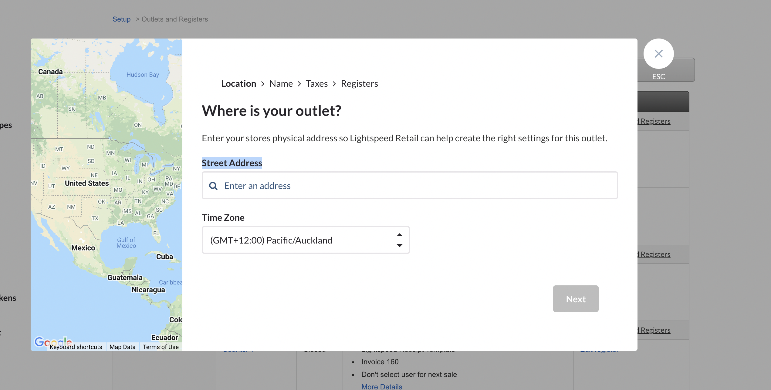 A pop up on the Outlets and Registers page asking Where is your outlet? with Street Address and Time Zone input fields.