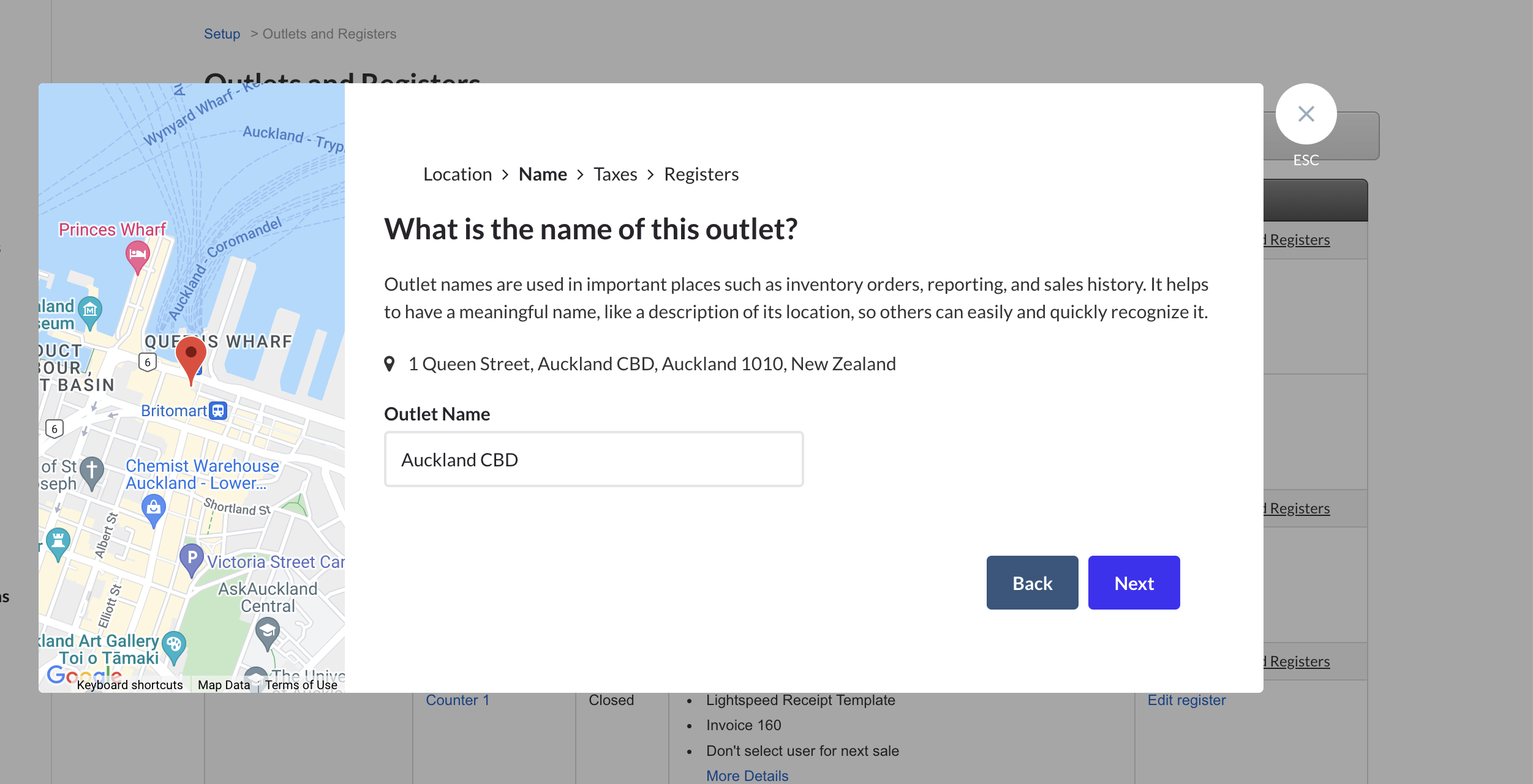 A pop up on the Outlets and Registers page asking What is the name of this outlet? with an Outlet Name input field.