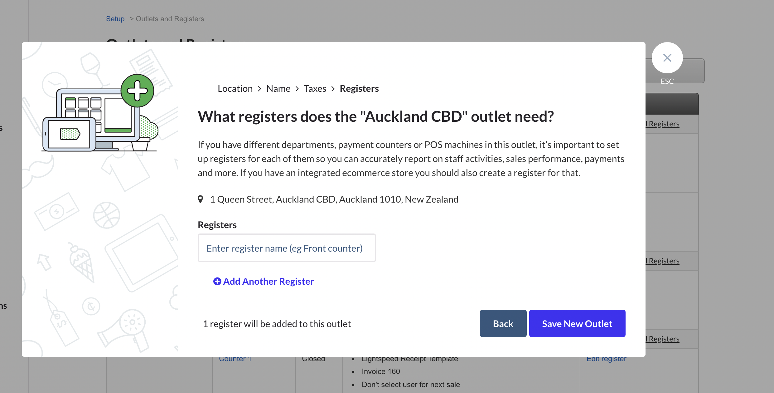 A pop up on the Outlets and Registers page asking What registers does the outlet need? with Registers input field and option to Add another register.