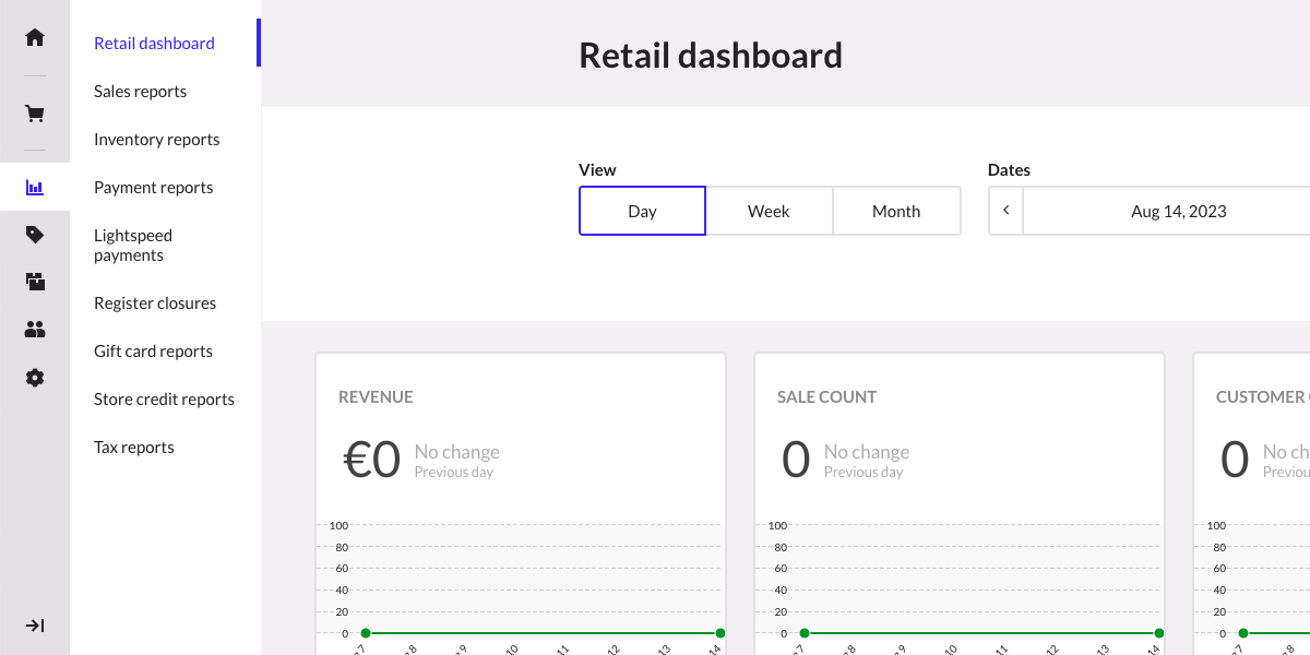 The main menu reporting category displaying the retail dashboard and secondary menu options