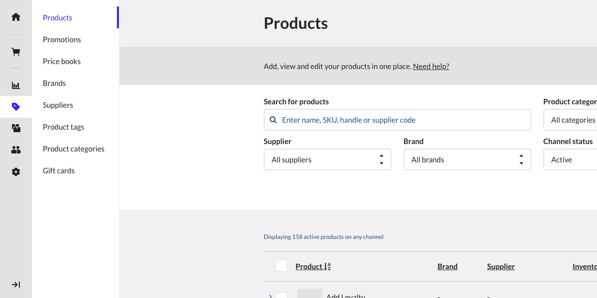 The main menu catalog category displaying the products page and secondary menu options