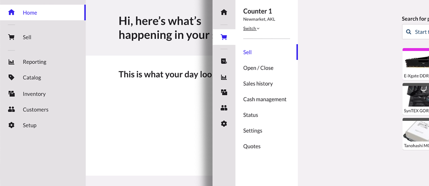 A side-by-side of the main and secondary menus in Retail POS