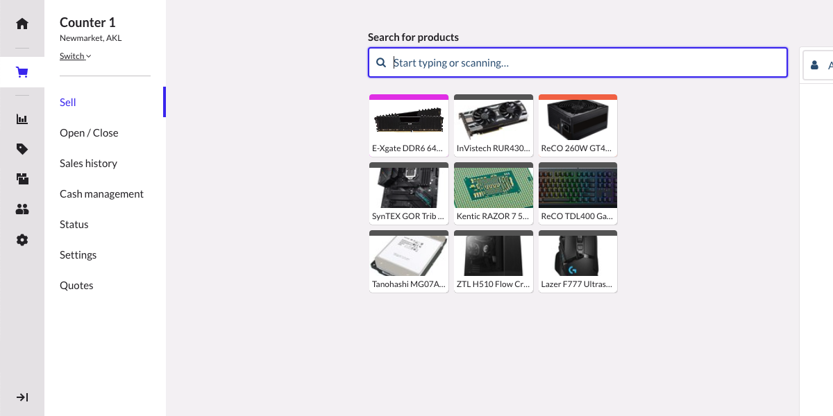 The main menu sell category displaying the sell screen and secondary menu options