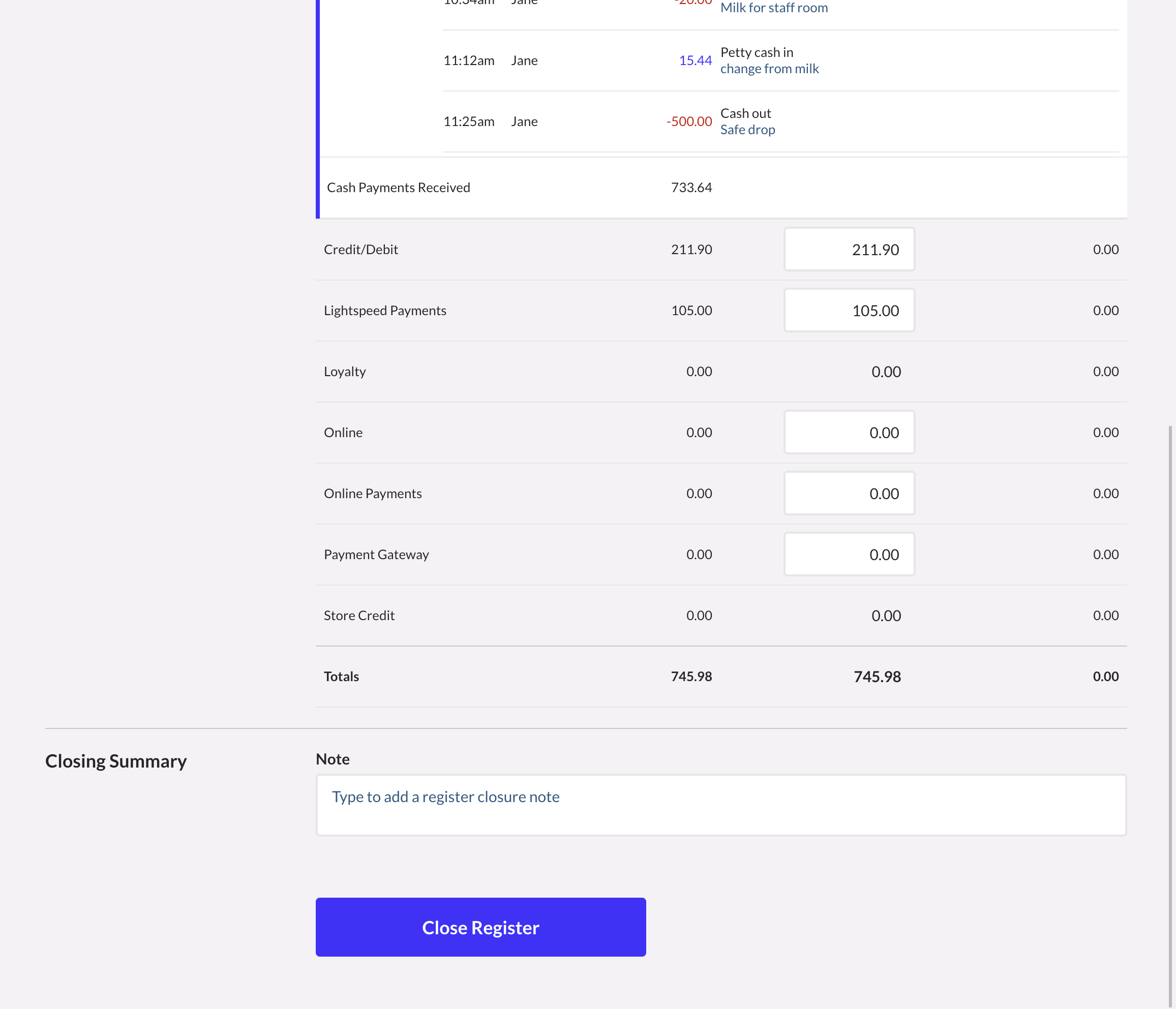Close register page with close register button displayed.
