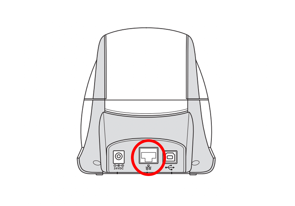 Vue arrière d’une imprimante DYMO 550, avec le port Ethernet entouré.