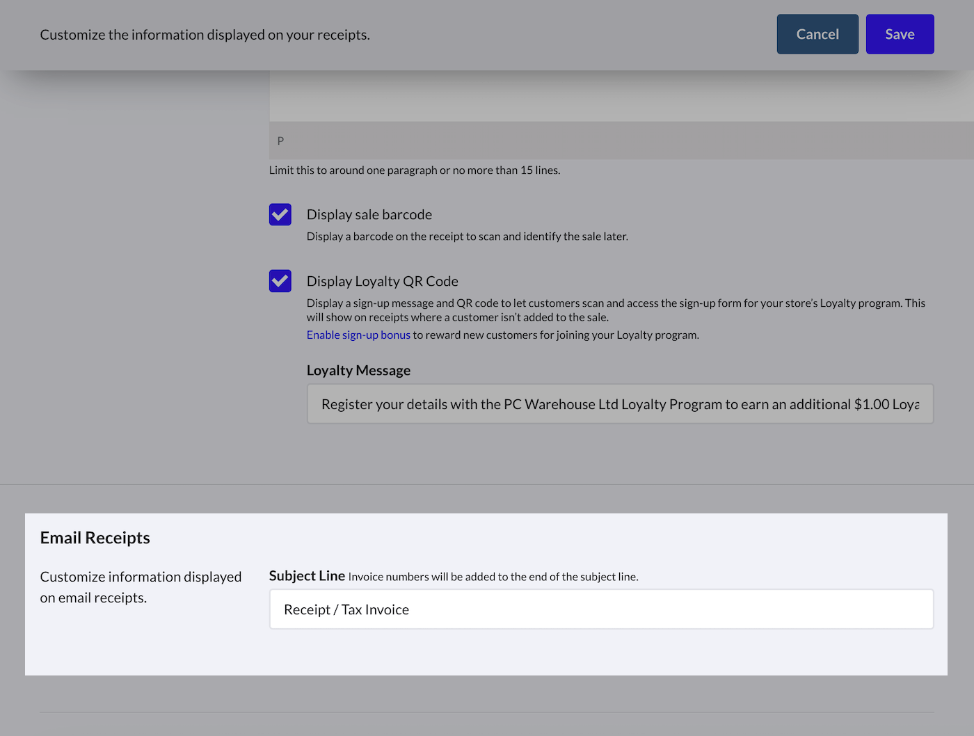 Receipt setup page with subject line field to customize the information displayed on email receipts.