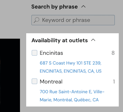 Option to filter by availability at outlets in the filters menu.