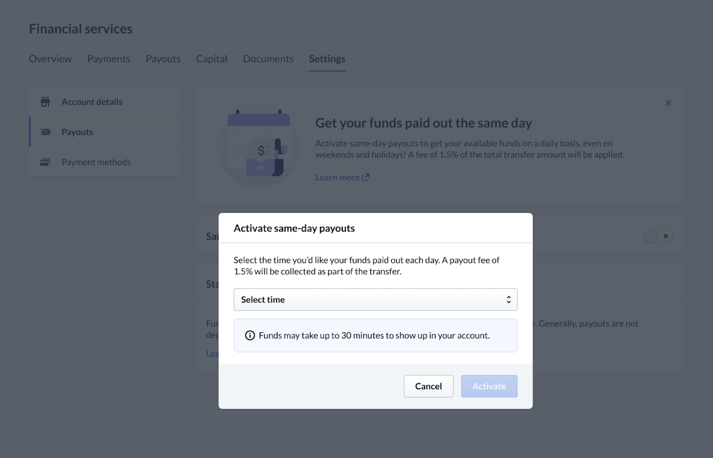 Activate same-day payouts dialogue box with option to select a time to receive deposits.