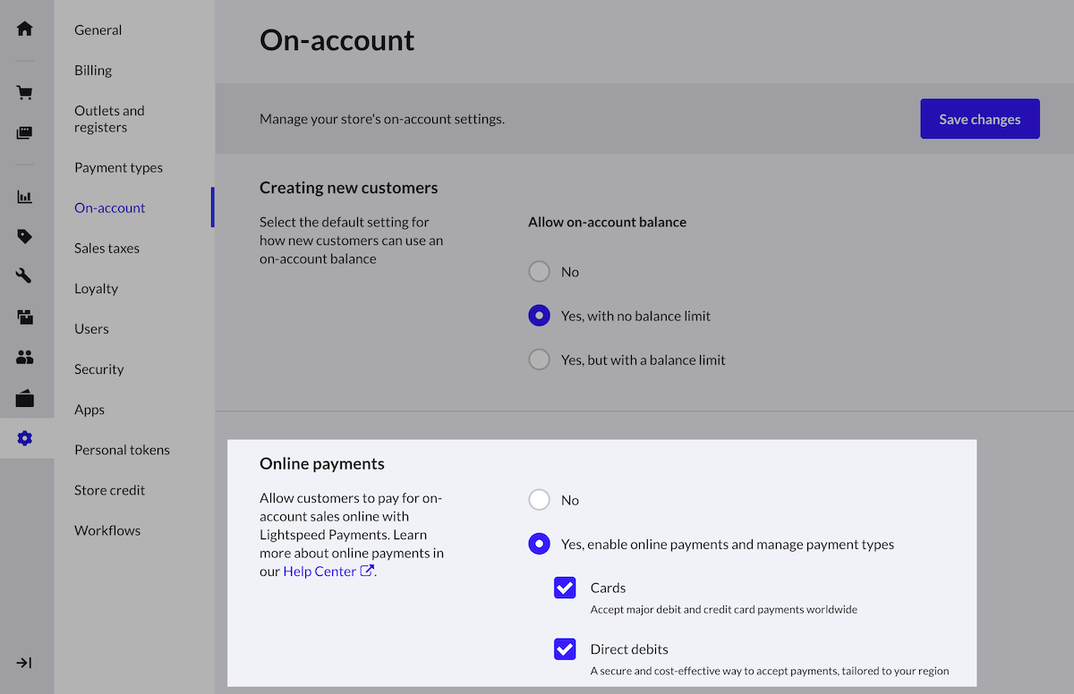 On account page with Online payments options highlighted.