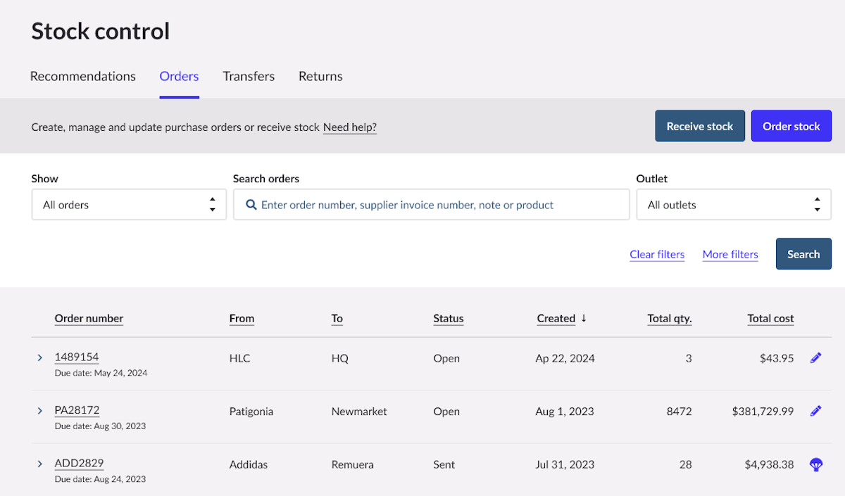 Stock control page in Retail POS showing multiple orders.