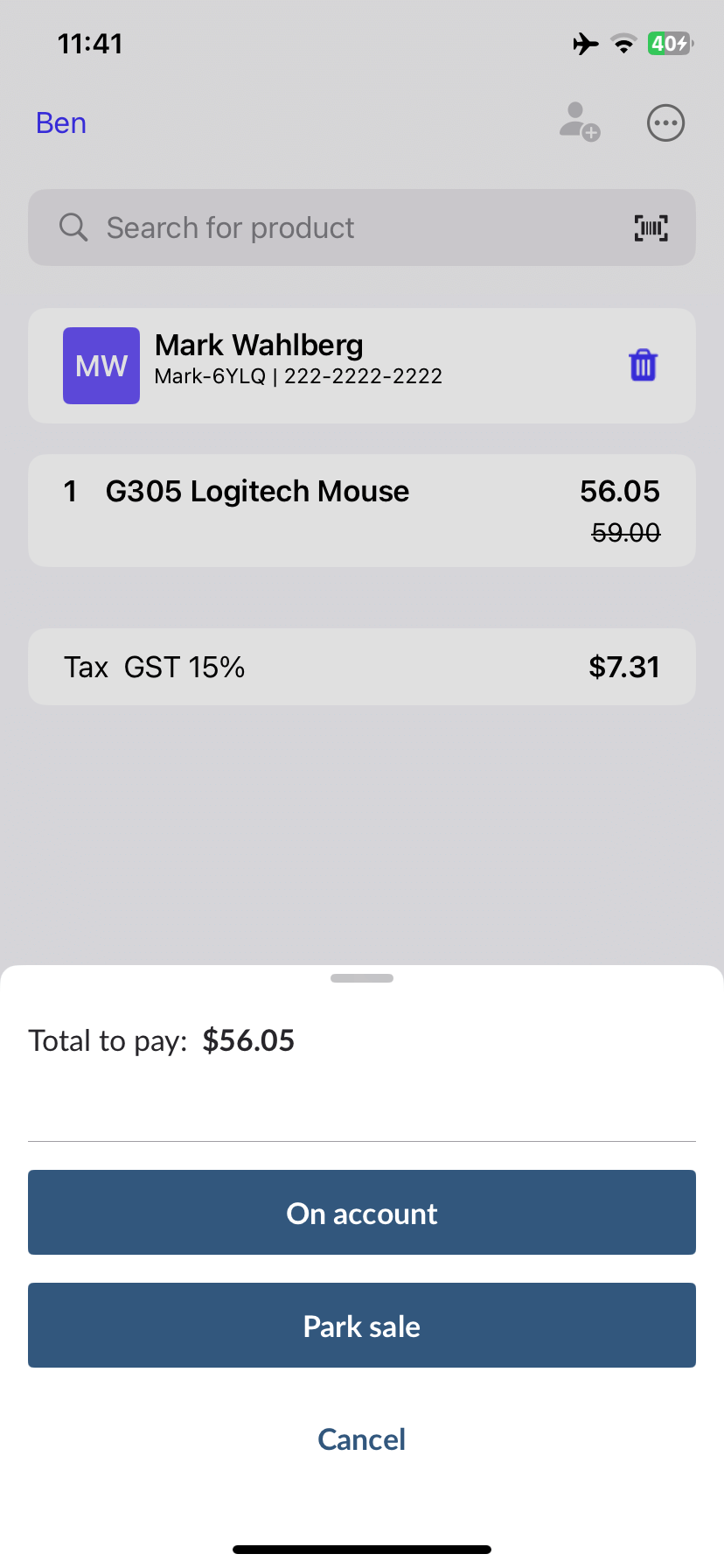 Scanner cart showing On account as a payment type.