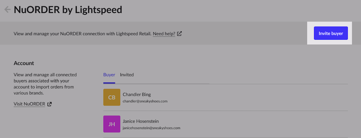NuORDER settings page with invite buyer button highlighted.