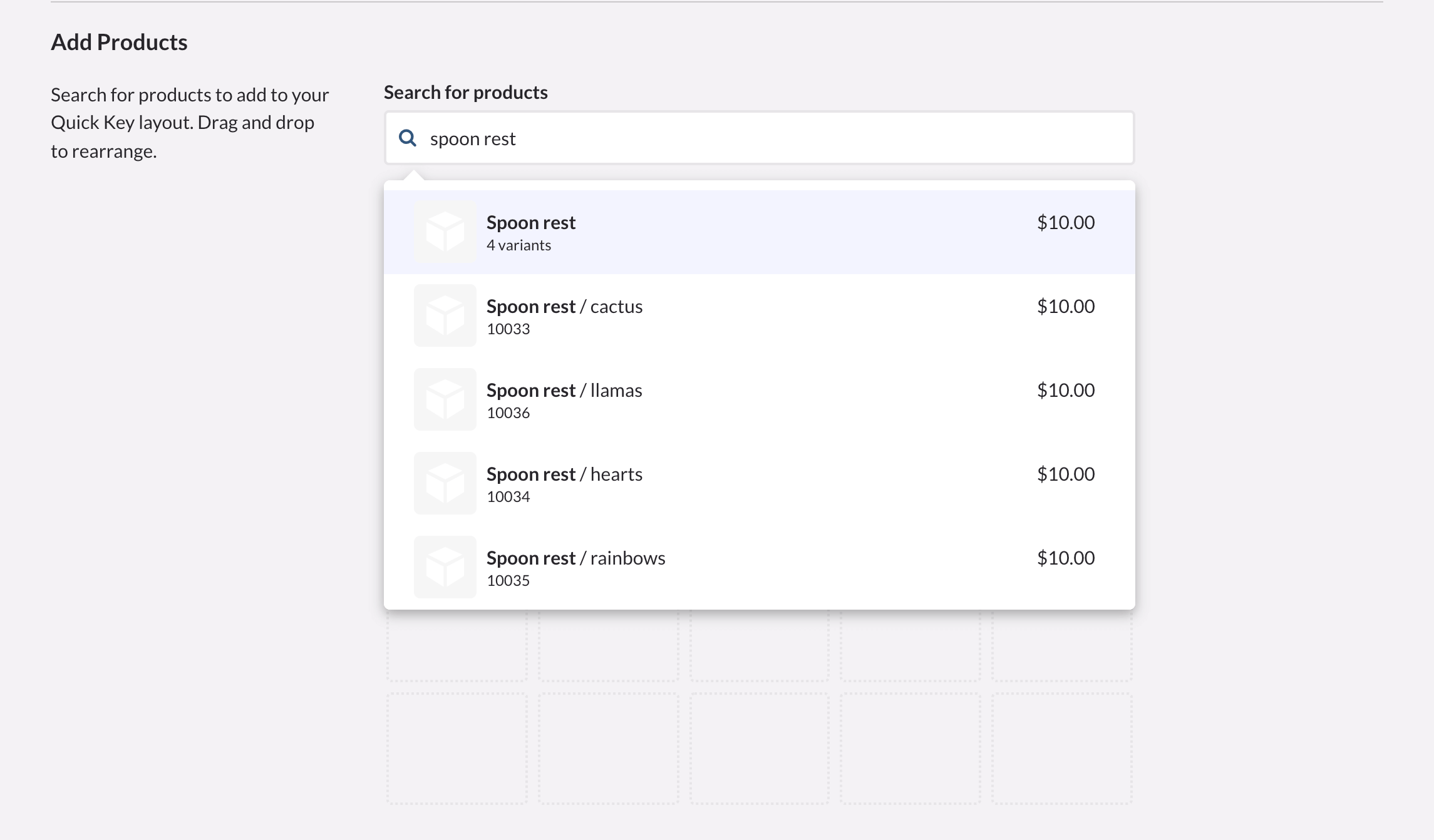 Option de touche rapide pour un produit à variantes.