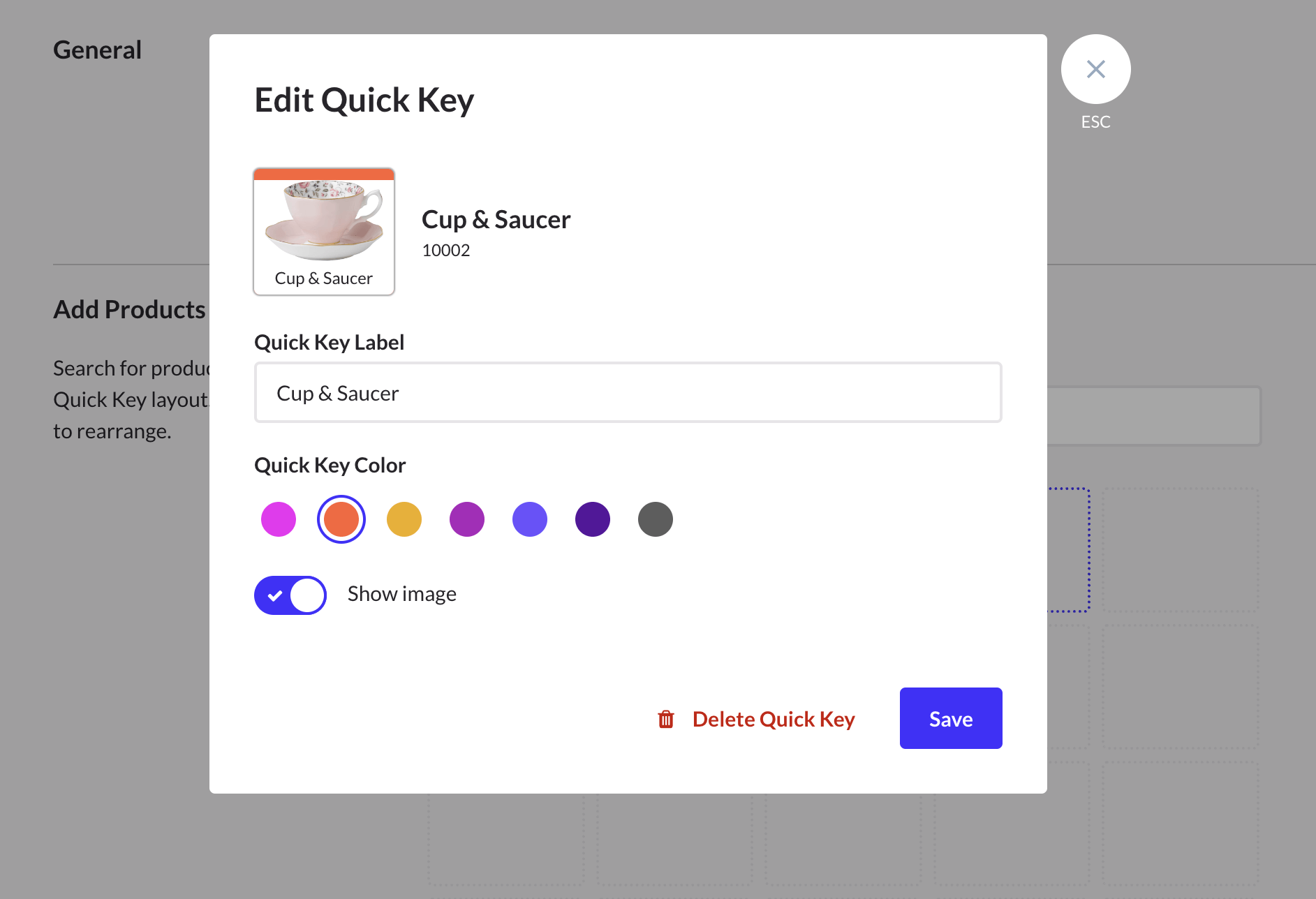 Fenêtre de modification de touche rapide, avec les options de nom, de couleur et d’image du produit.