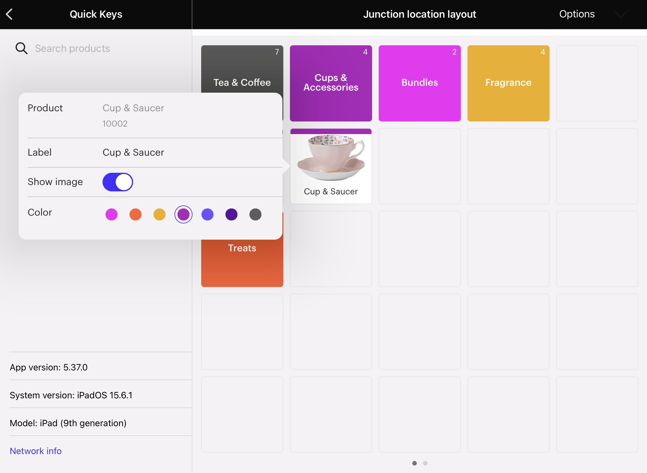 Fenêtre de modification de touche rapide, avec les options de nom, de couleur et d’image du produit.