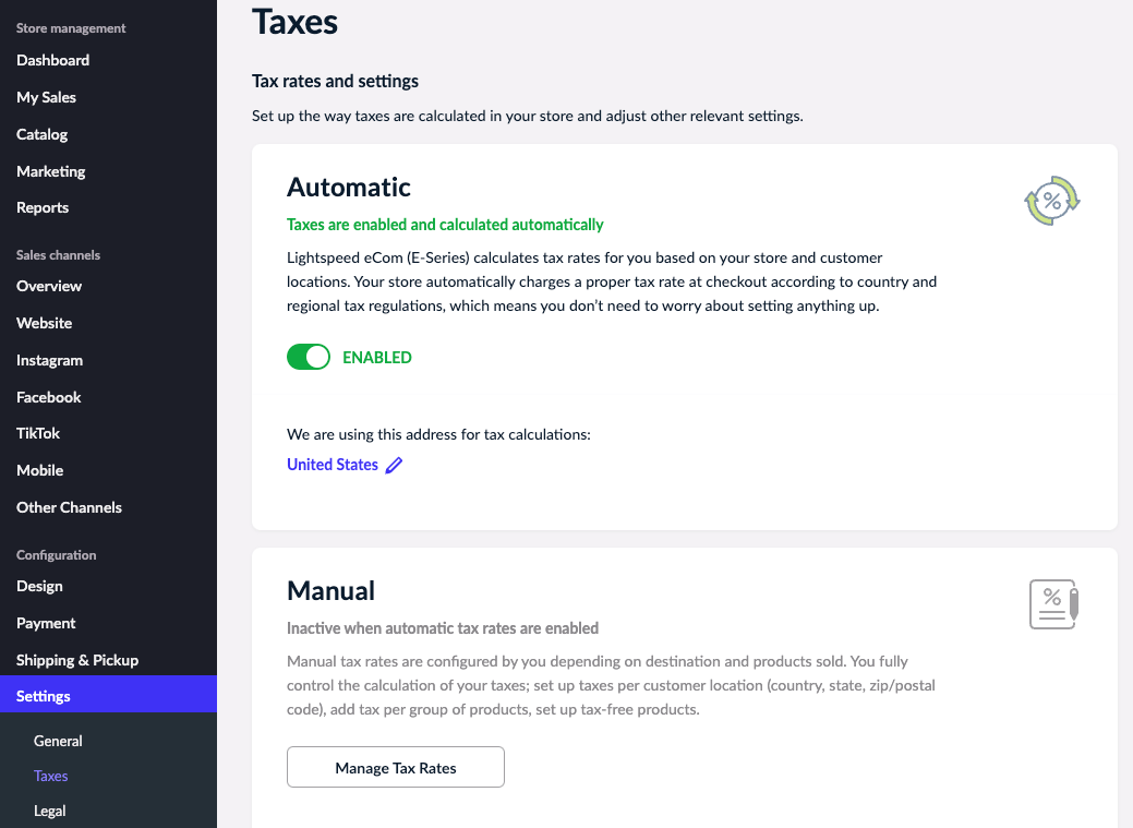 Taxes page showing Automatic toggle set to Enabled.