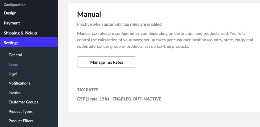 Settings tab showing Manual section and Manage Tax Rates button.