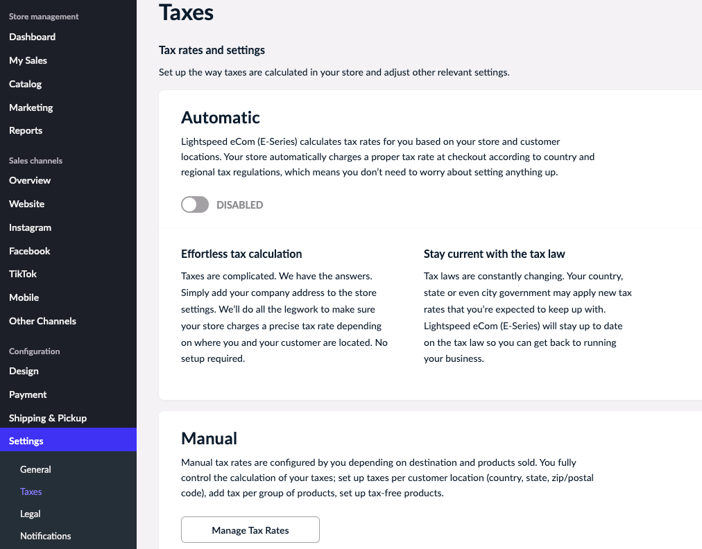 Taxes page showing Automatic toggle set to Disabled.