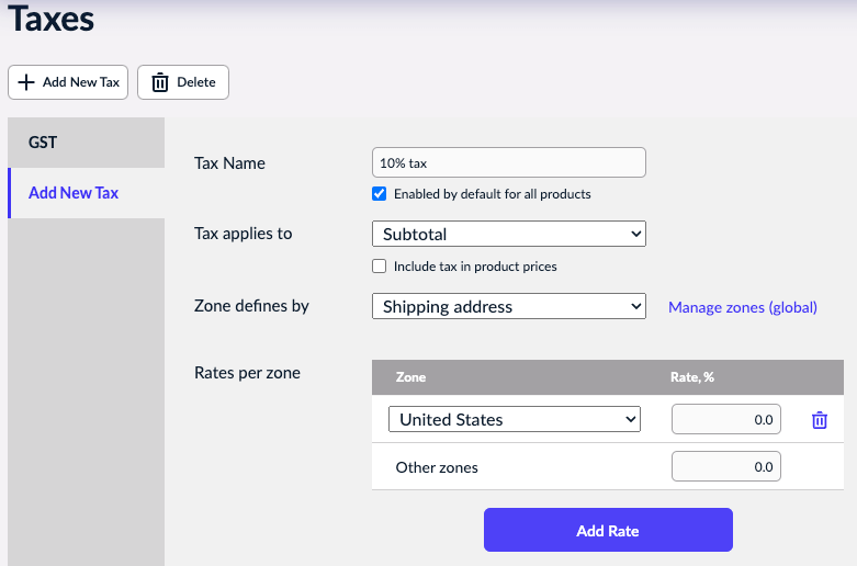Taxes page with Add New Tax section showing.