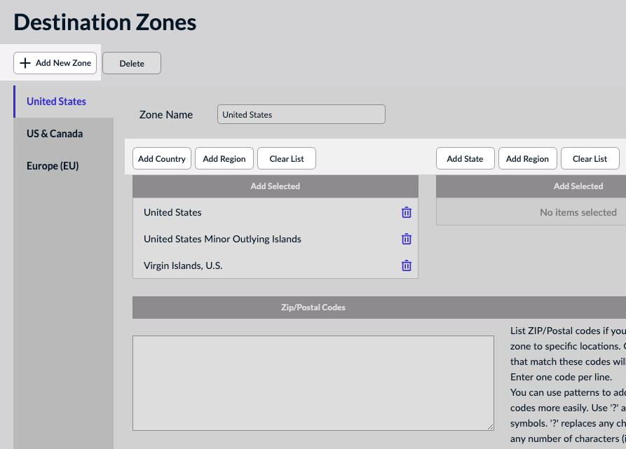 Destination Zones page with Add New Zone, Add Country, Add Region, Clear List, and Add State emphasized.