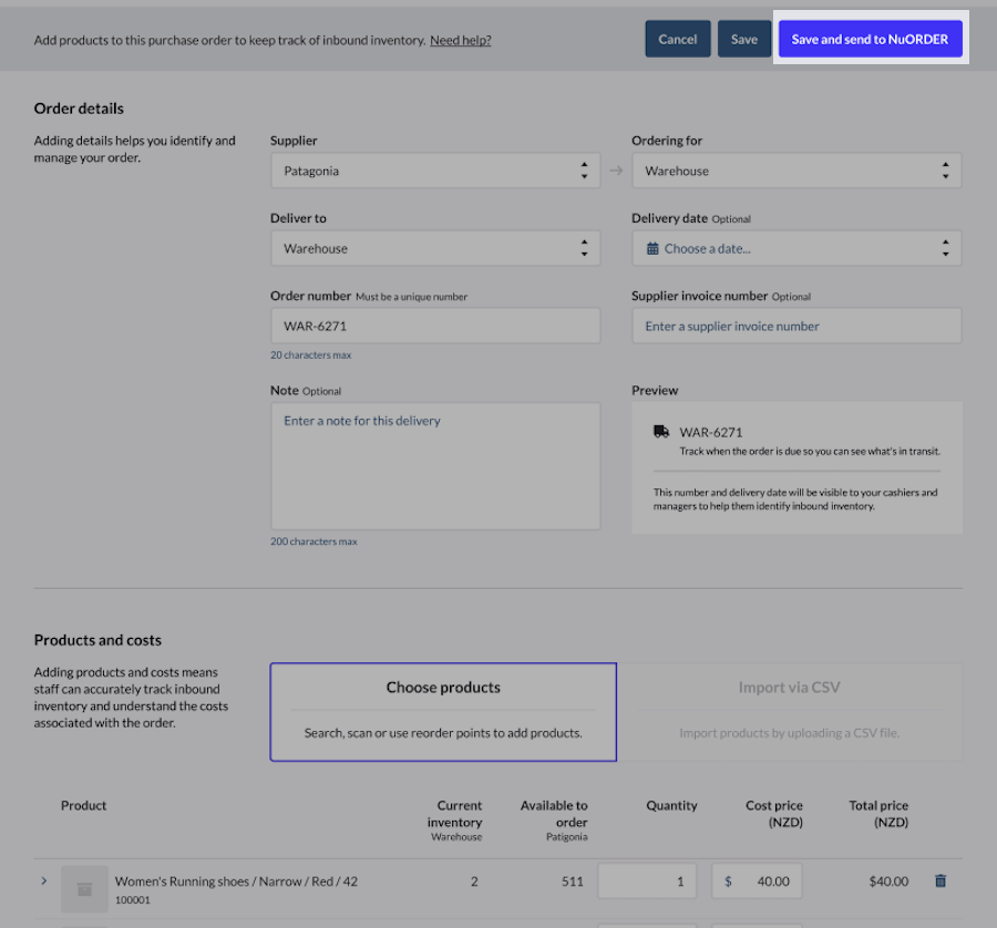 Purchase
    order complete with the Save and send to NuORDER button highlighted.