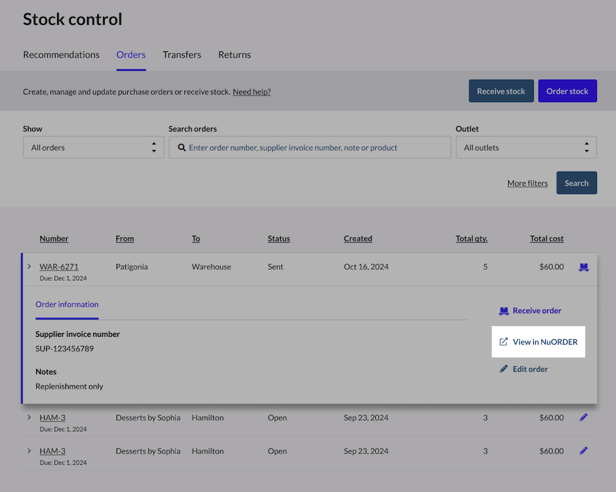 Stock control page showing order details with the view in NuORDER button highlighted.