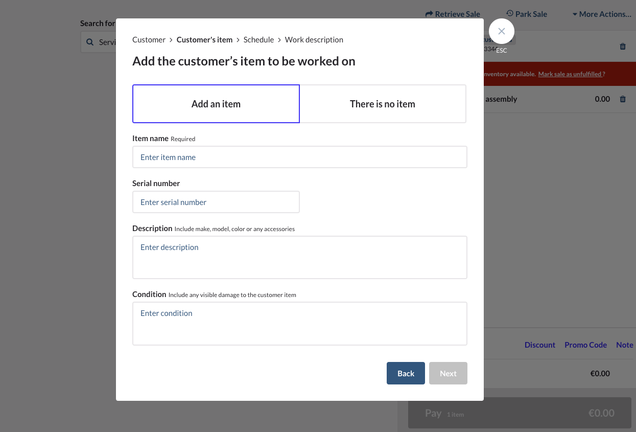 Fenêtre d’ajout de l’article sur lequel porte le service, avec des champs pour indiquer les détails de l’article.