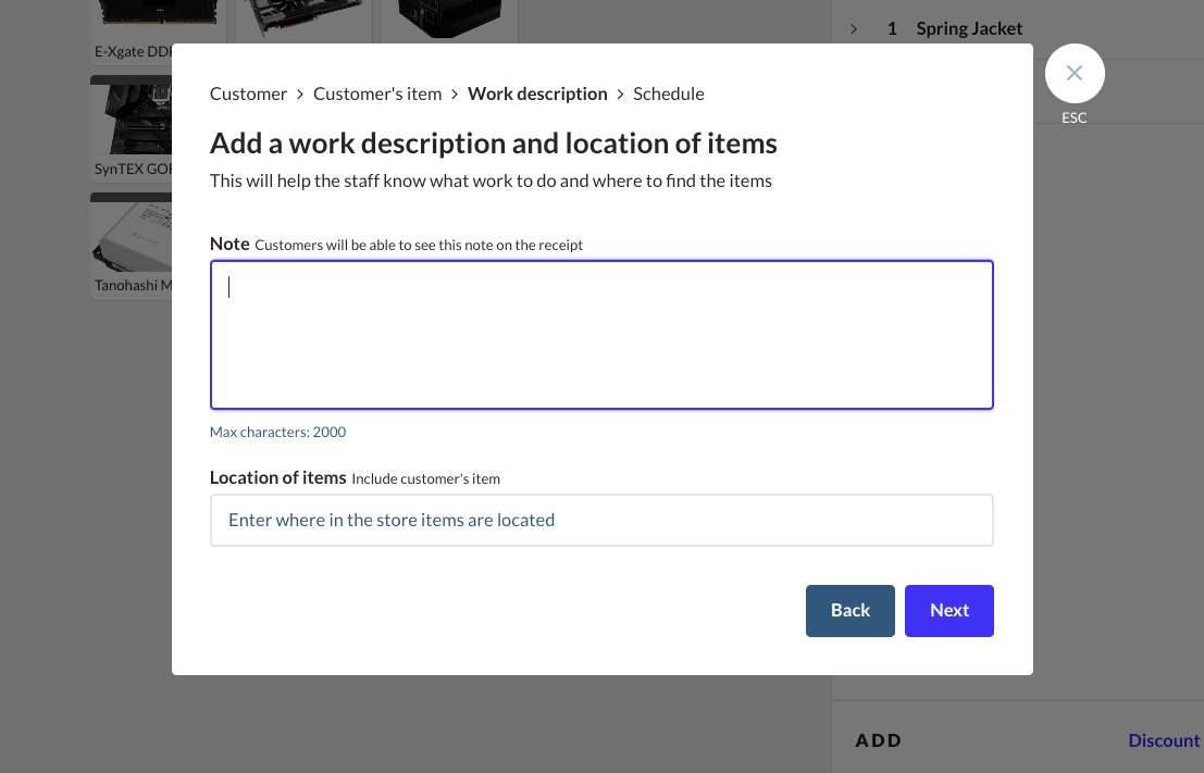 Champ Note permettant d’ajouter la description du service et champ Emplacement des articles.