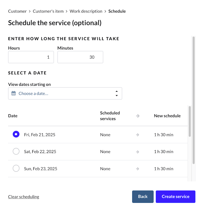 Fenêtre de programmation du service comprenant des options pour indiquer la durée du service et la date à laquelle il sera effectué.