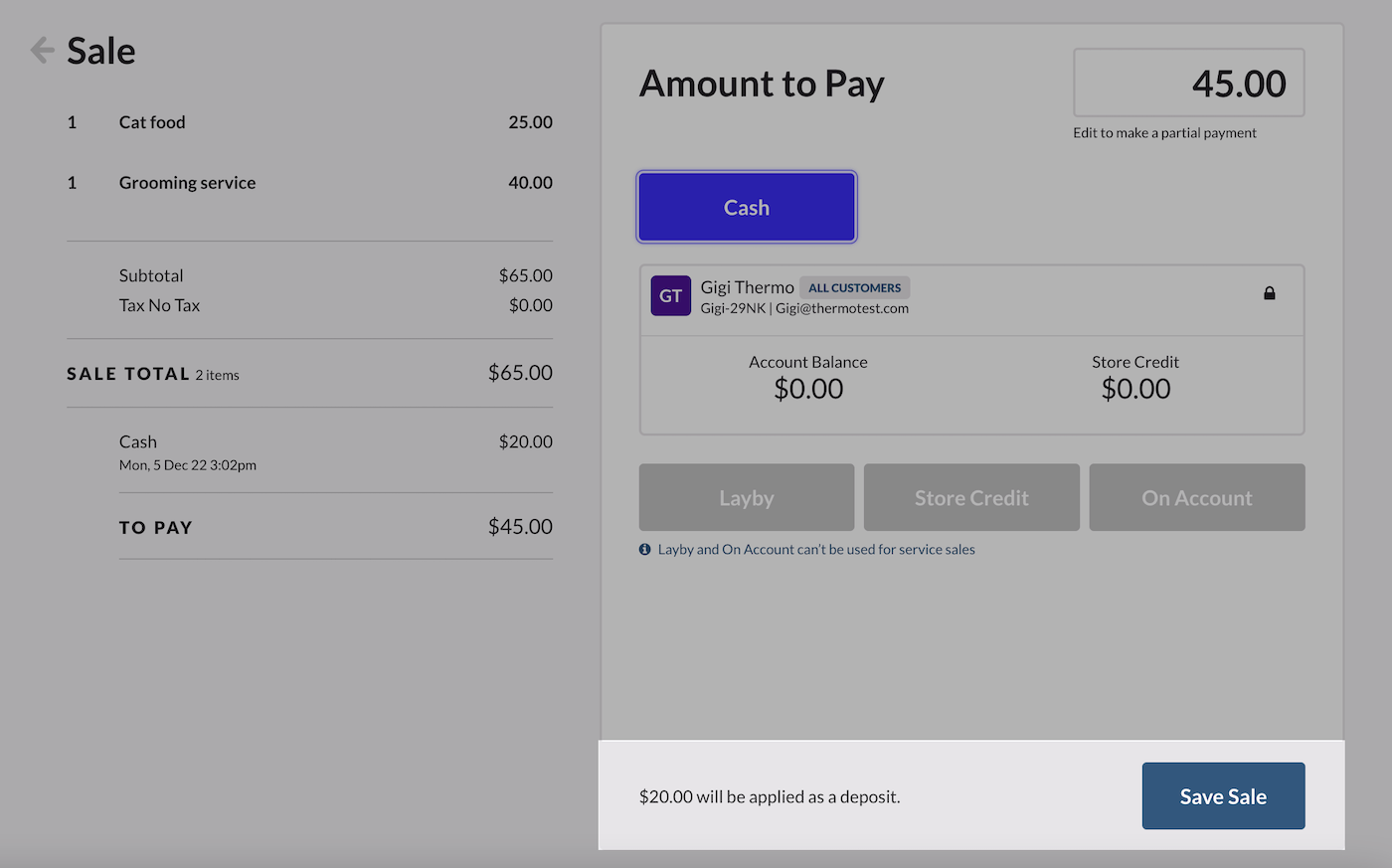 Page de paiement avec le bouton Save Sale (enregistrer la vente) mis en évidence.