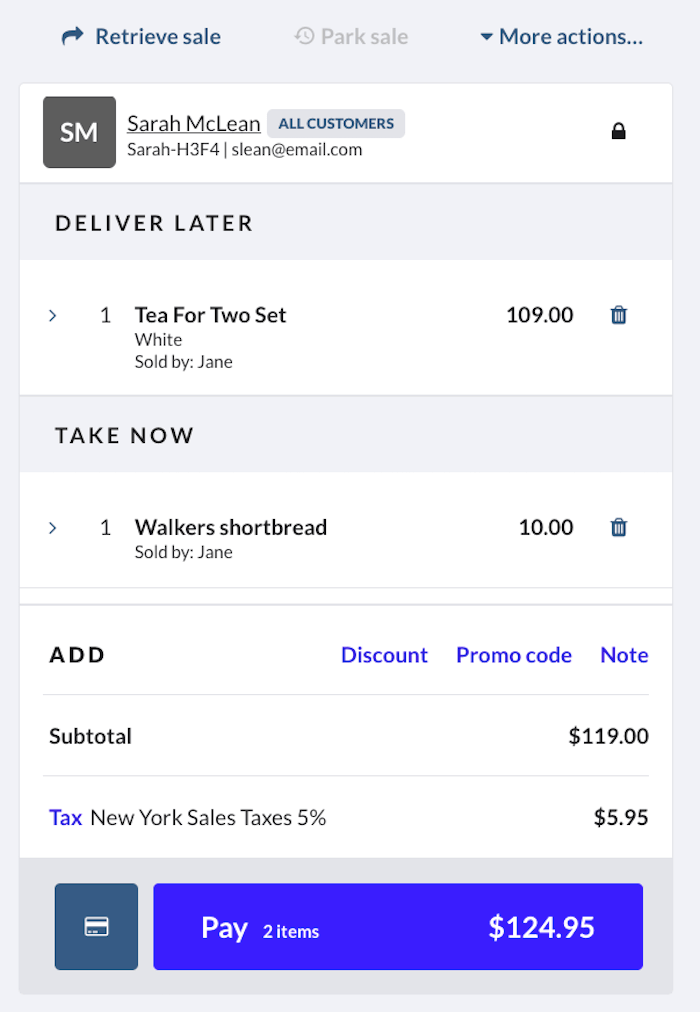 Panier de l’écran de caisse dans lequel les articles sont classés dans la catégorie à livrer ou dans la catégorie à remise immédiate.