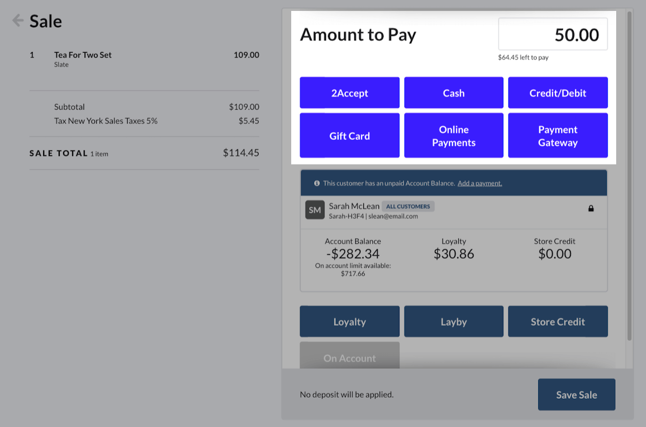 Écran de caisse avec un montant de dépôt saisi dans le champ du montant à payer.