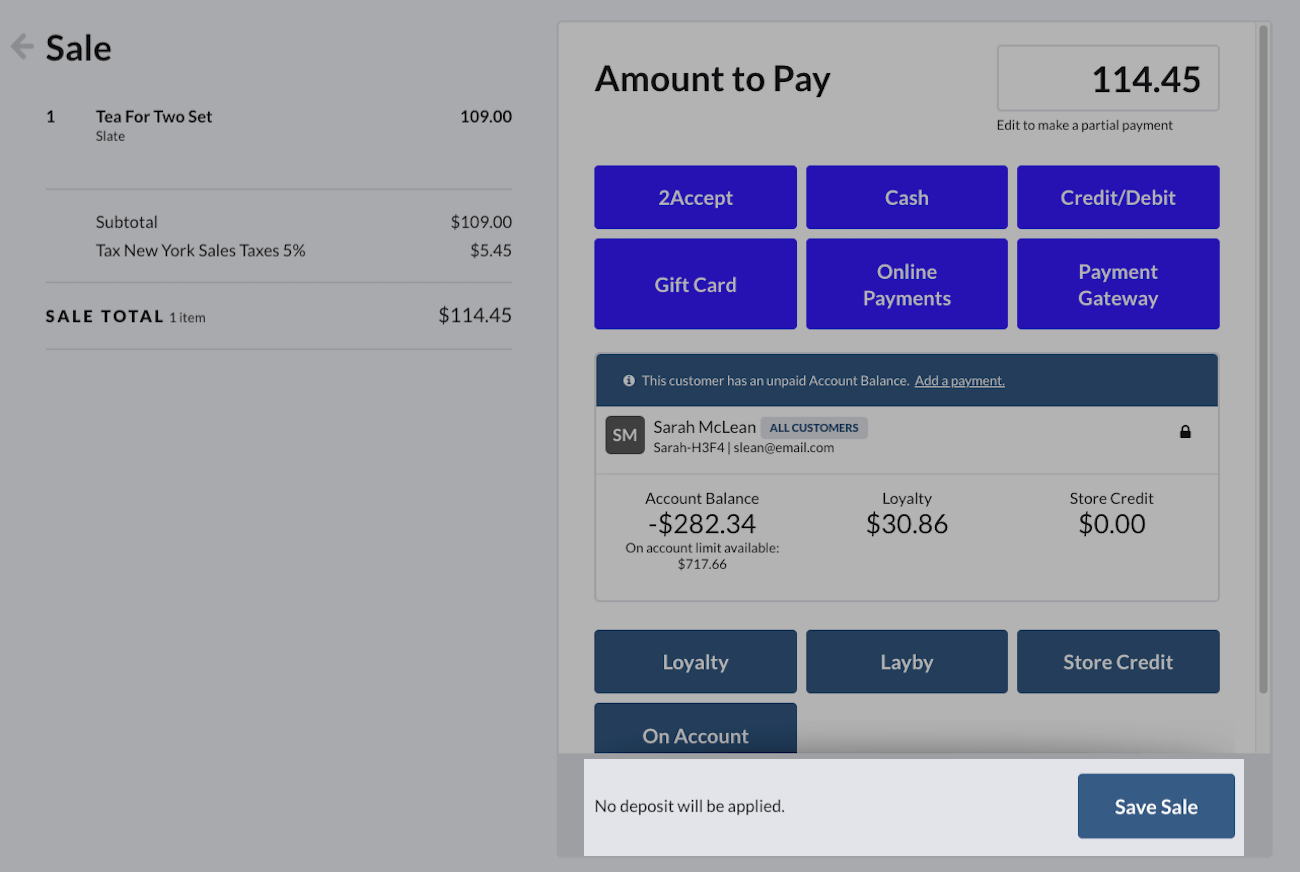 Écran de caisse indiquant qu’aucun dépôt ne sera encaissé à côté du bouton d’enregistrement de la vente.