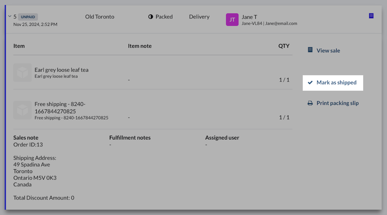 Commande pouvant être marquée comme expédiée.