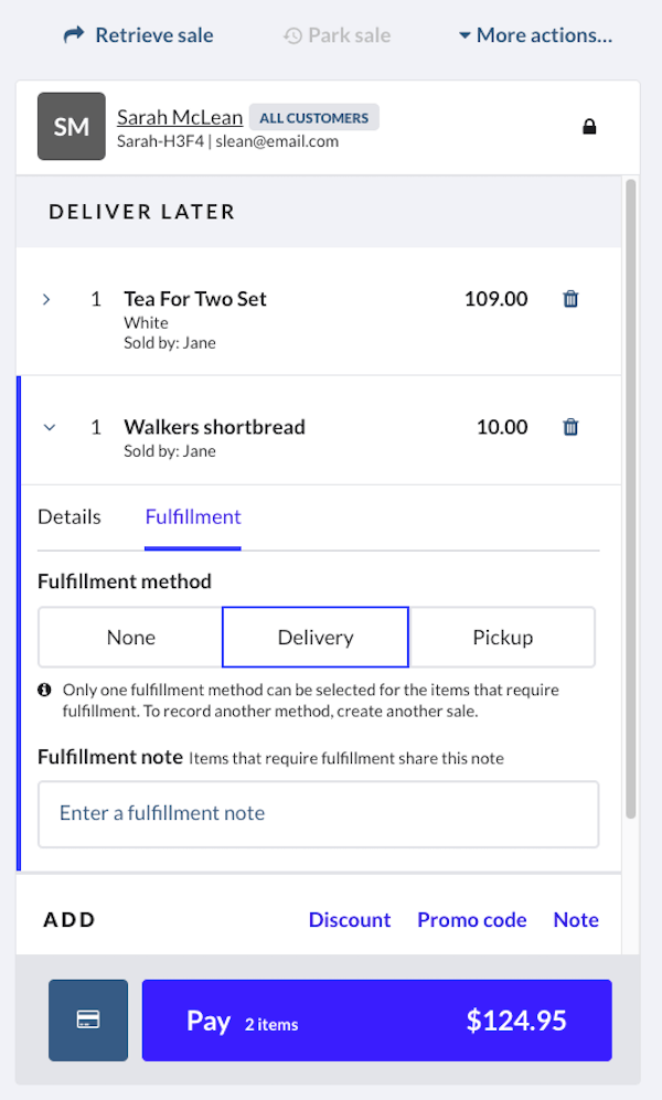 Onglet de remise au client d’un article sous lequel le mode de remise Livraison a été sélectionné.