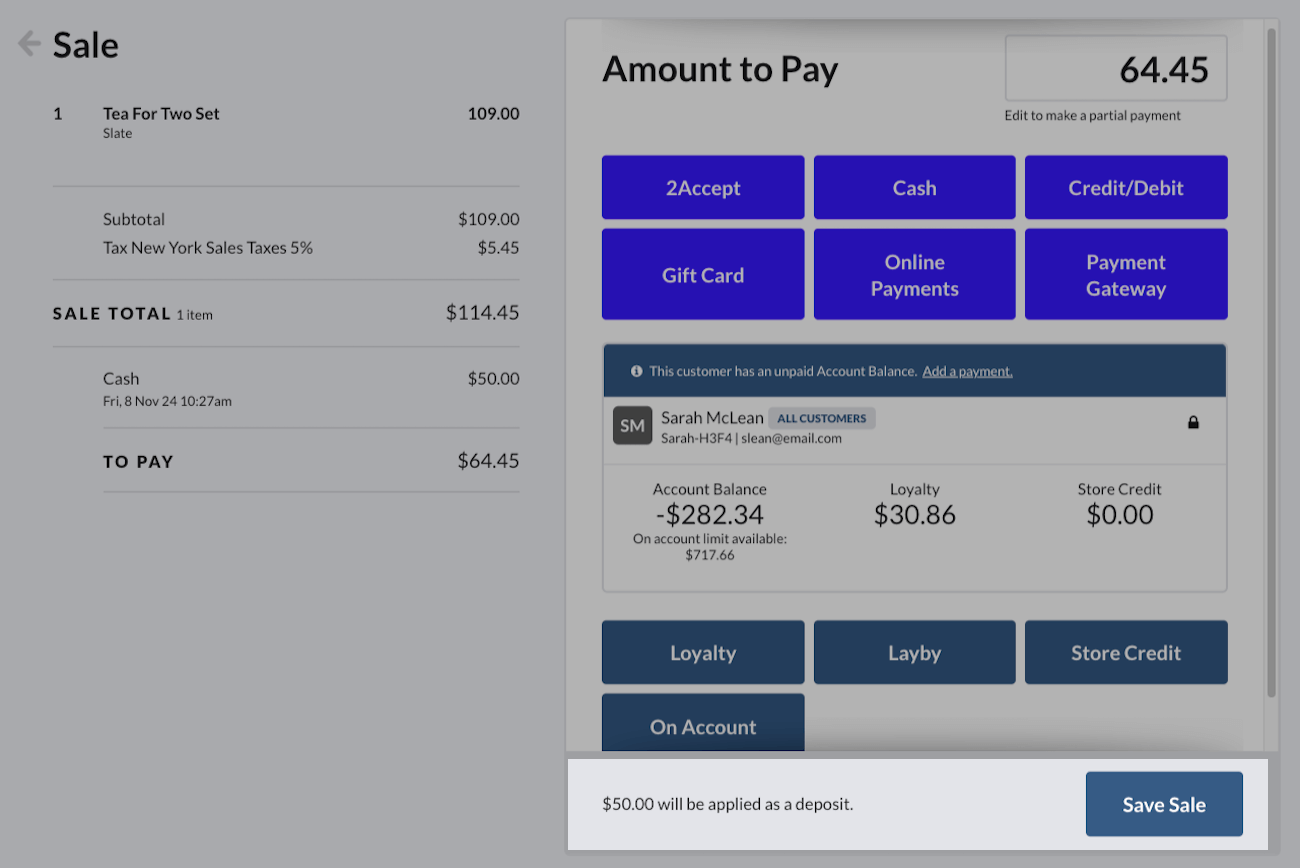 Écran de caisse indiquant le montant du dépôt à appliquer, à côté du bouton d’enregistrement de la vente.