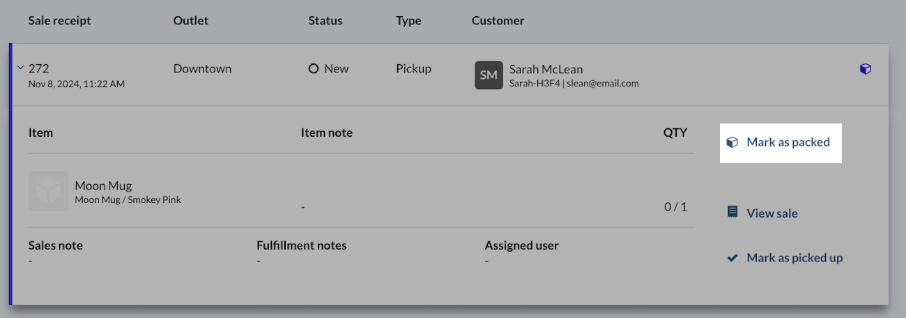 Page Commandes. L’option Marquer comme emballé est mise en surbrillance.