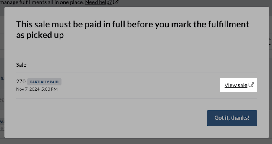 Message d’erreur invitant l’utilisateur à accéder à la vente dans l’historique des ventes pour terminer le paiement.