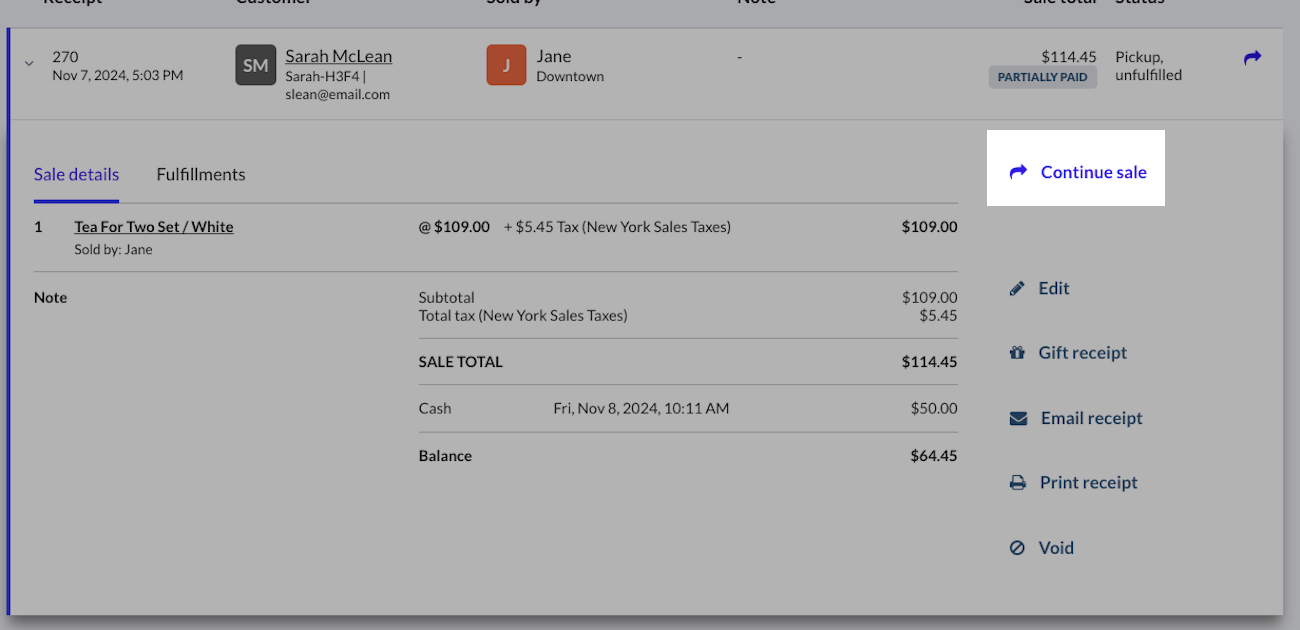 Vente incomplète dans l’historique des ventes. Le bouton Continuer la vente est mis en surbrillance.