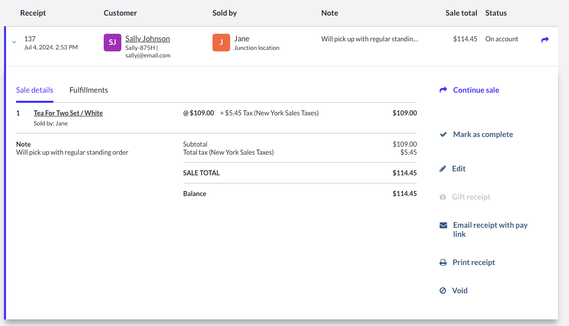 Vente incomplète dans l’historique des ventes, avec le bouton Marquer comme terminé.
