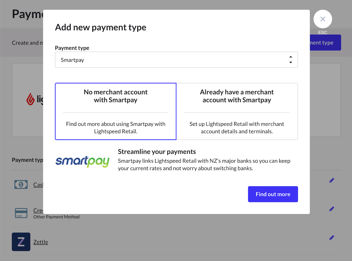 Choisir le type de paiement et commencer la configuration