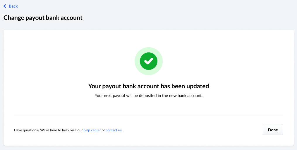 L’image montre le message Le compte bancaire à utiliser pour vos versements a été mis à jour accompagné d’une coche verte.