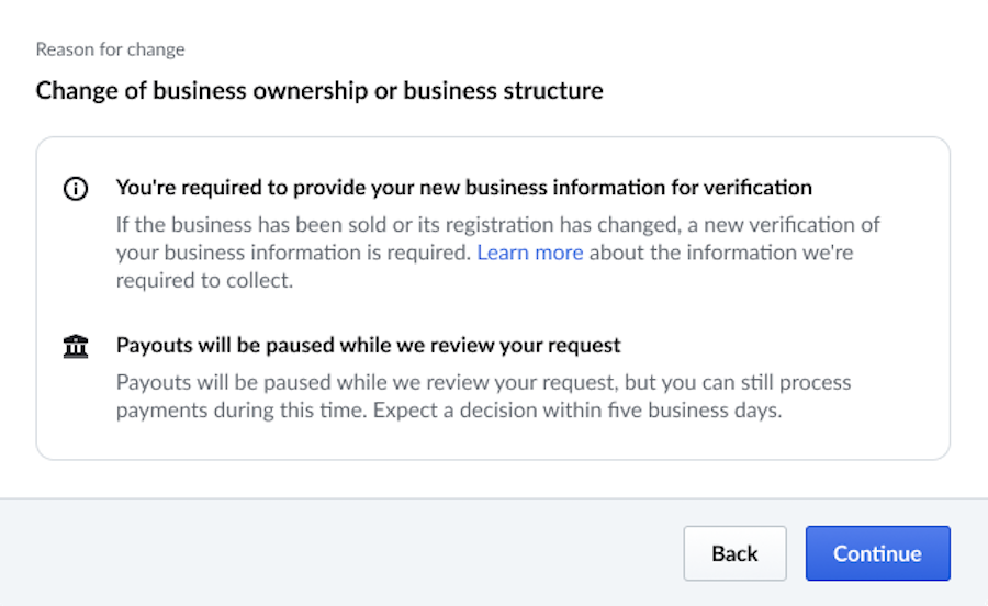 Fenêtre contextuelle confirmant le changement de propriétaire ou de structure de l’entreprise.