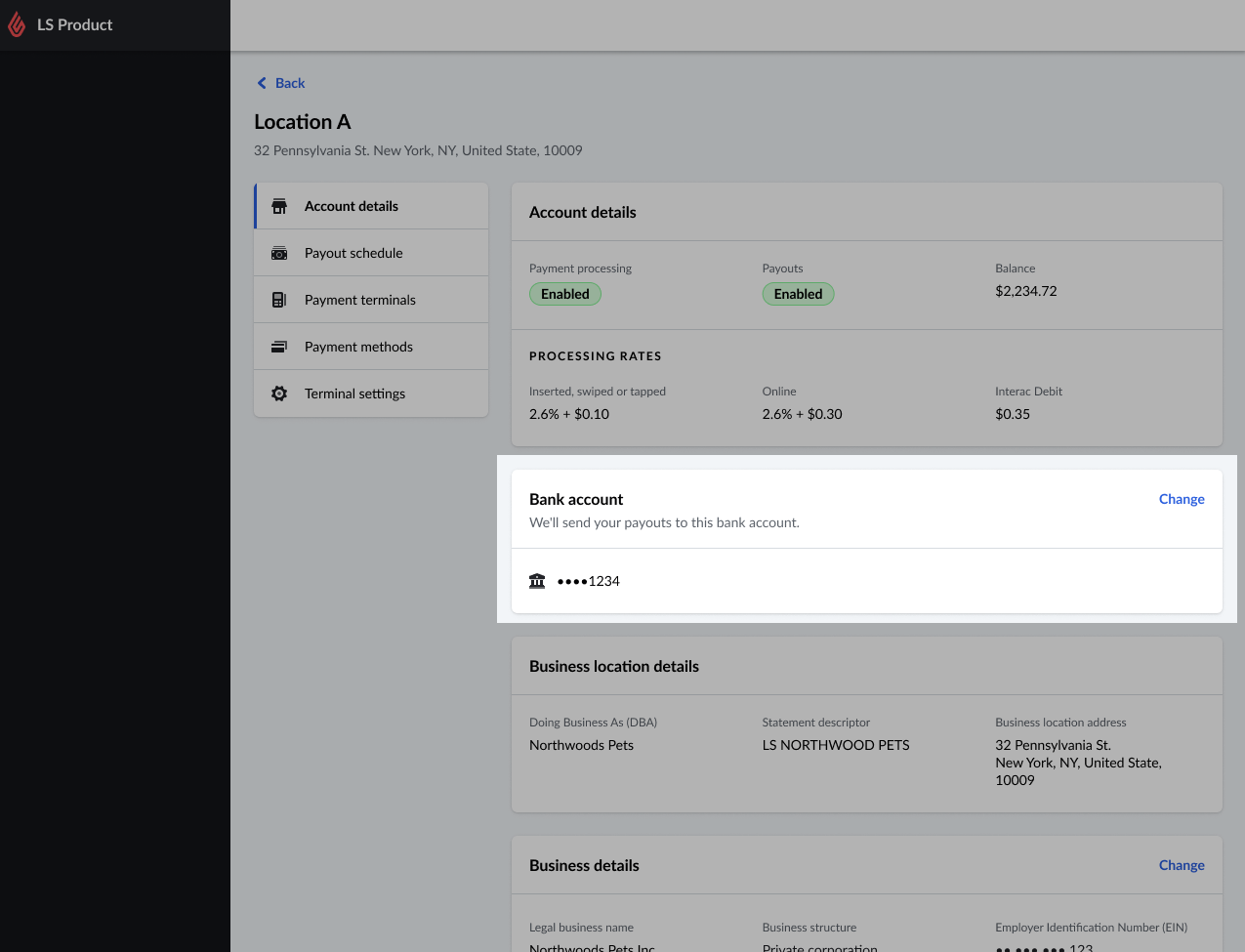 Onglet Paramètres de la page Gestion financière. La section Compte bancaire est mise en évidence.