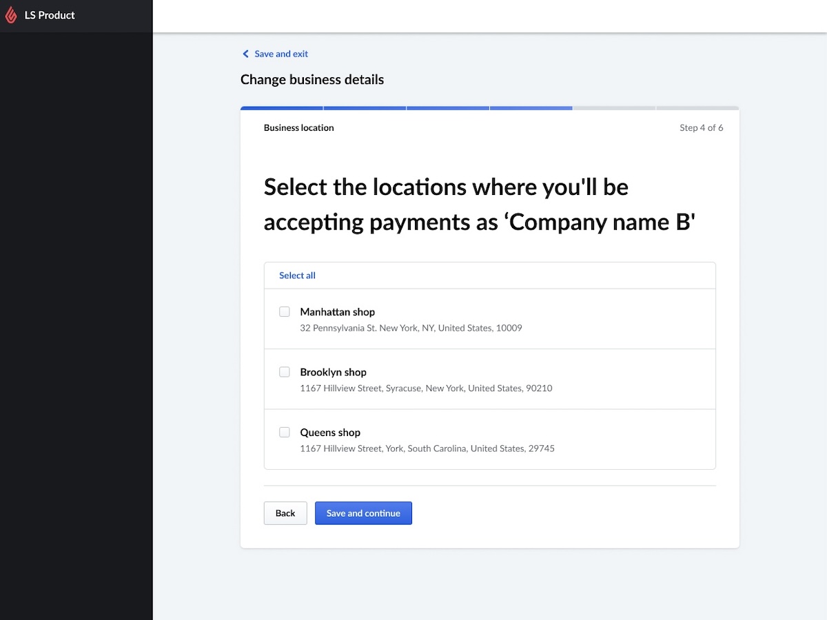 Assistant de demande de Paiements Lightspeed. Sur cette page, vous pouvez sélectionner les établissements auxquels cette modification sera appliquée.