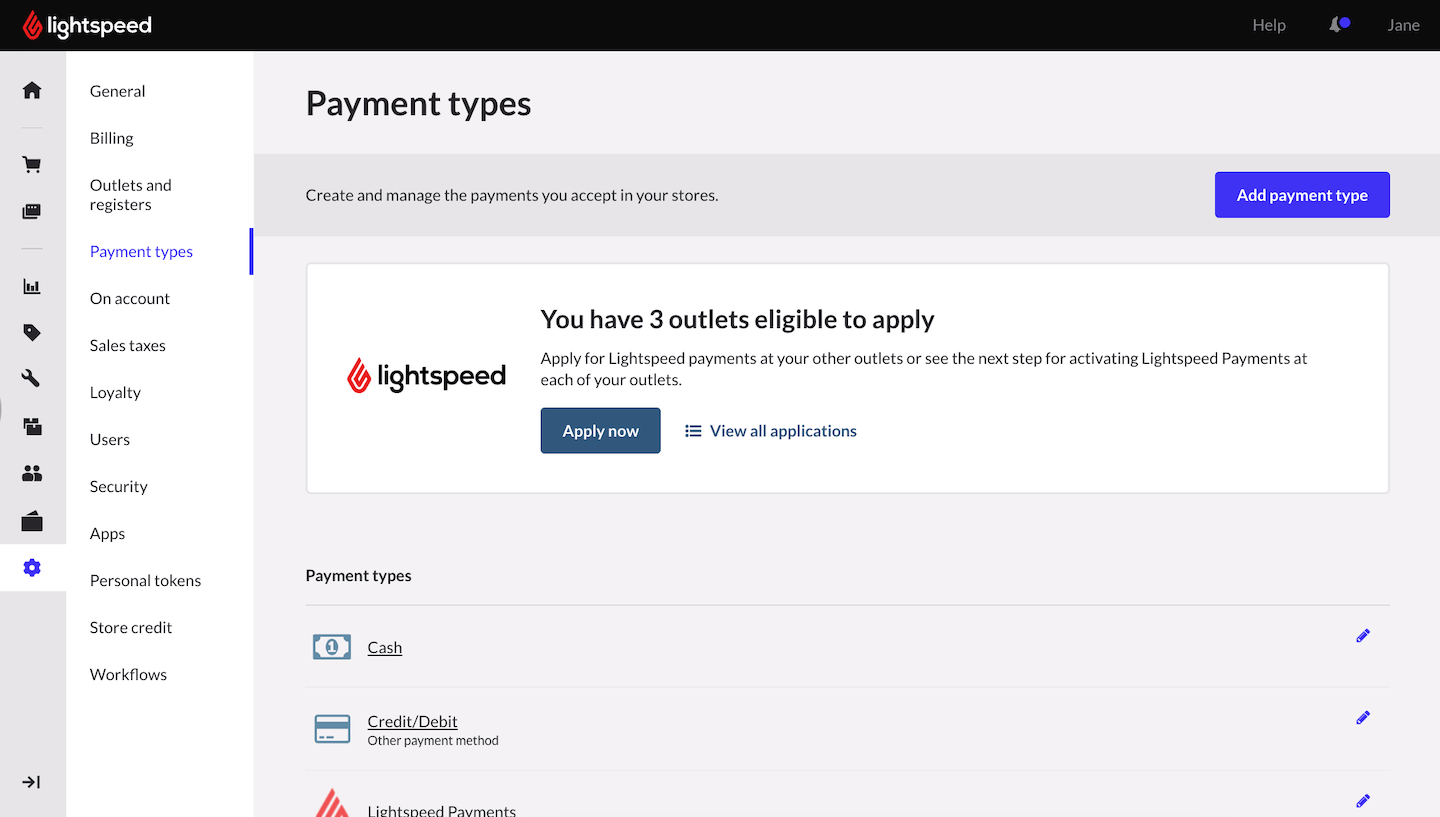 Page contenant une liste de tous les types de paiement actuellement disponibles, avec l’option Ajouter un type de paiement.