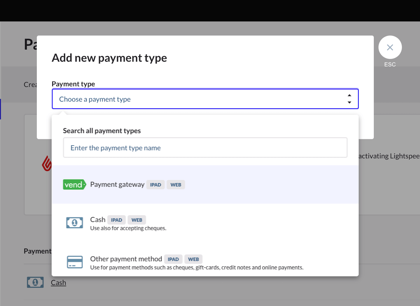 Fenêtre contextuelle permettant de choisir le type de paiement.