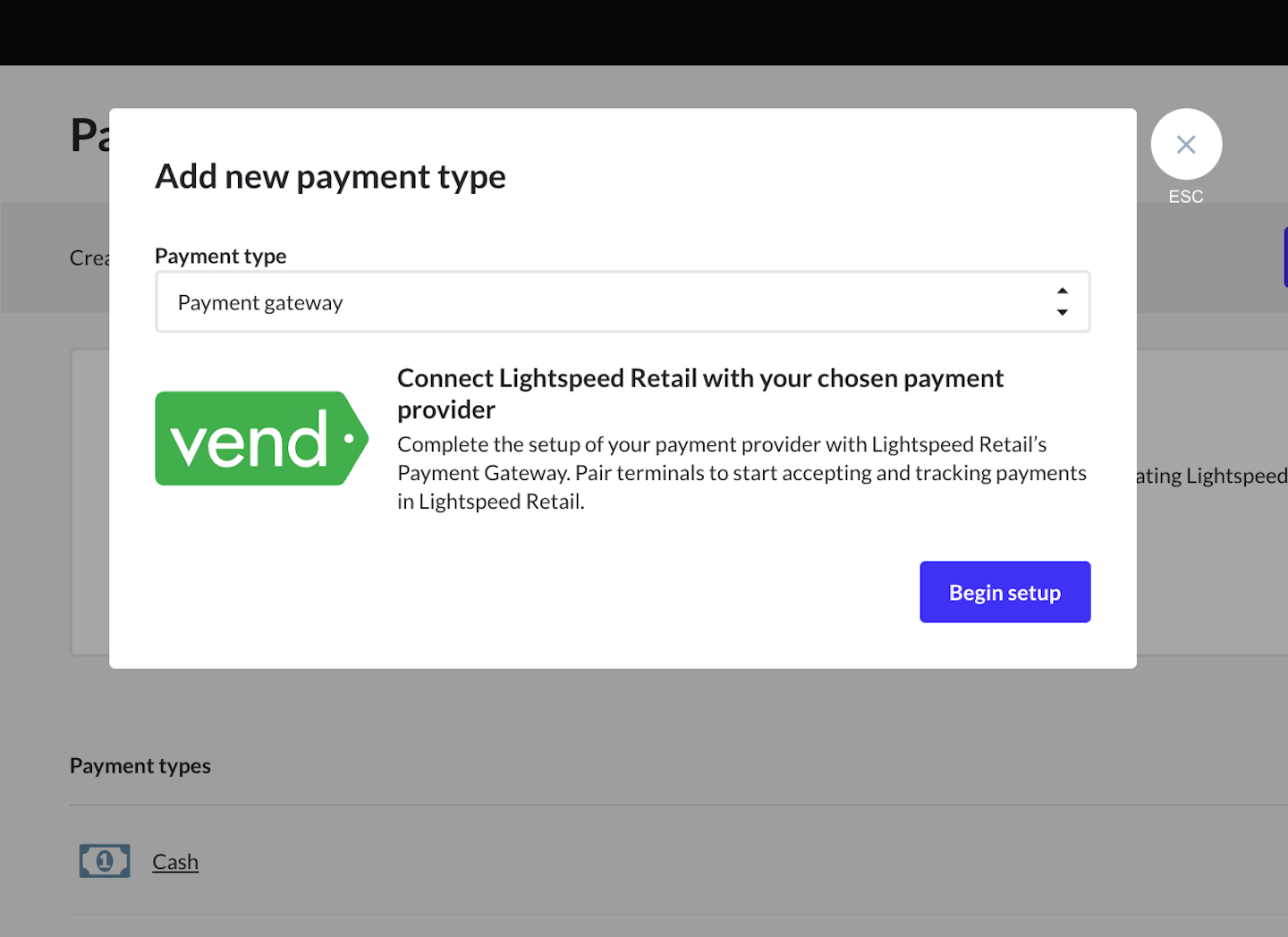 Le type de paiement est sélectionné et l’option Démarrer la configuration est disponible.